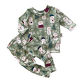 Snowman Print Lounge Set featuring a long-sleeve pullover and matching leggings with a playful snowman and winter tree design on a soft green background. Handmade for babies and toddlers, perfect for holiday celebrations and seasonal wear.
