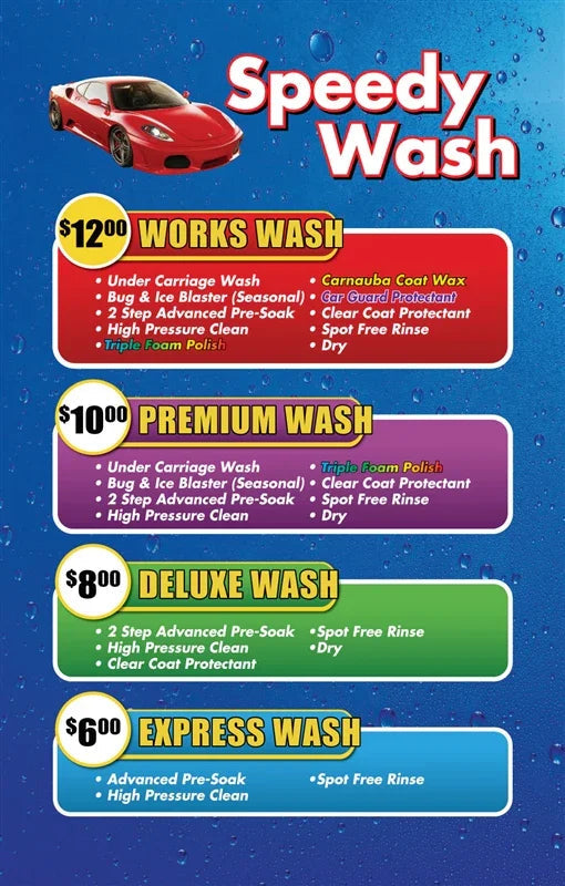 "Speedy Wash" Car Wash Menu (Custom Menu) - 28"w x 44"h - UnitedSign
