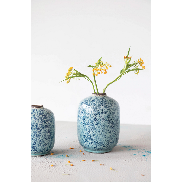 Terra-cotta Vase with Floral Pattern, Distressed Blue