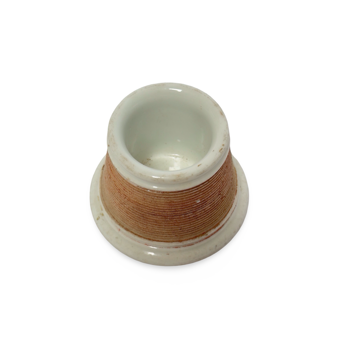 Ceramic match striker cup with white rim and brown ribbed bands
