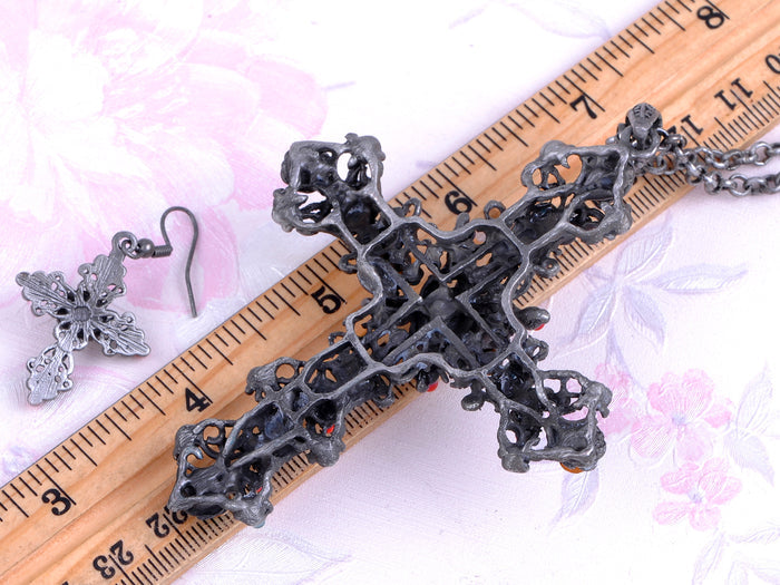 Vintage Gothic Flourish Flower Bead Cross Necklace Earring Set