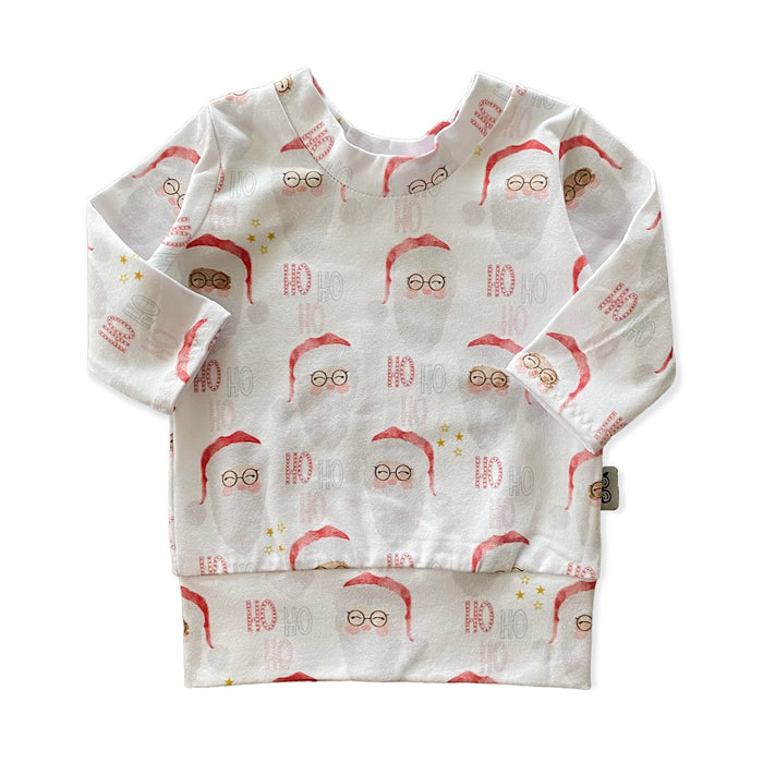 Vintage Santa Pullover with a festive Santa Claus print, featuring long sleeves and a cozy fit. Handmade for babies and toddlers, perfect for holiday photos and seasonal celebrations.