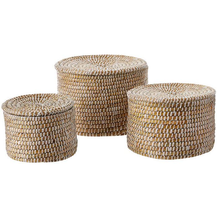 Whitewash Woven Seagrass Baskets w/ Lid